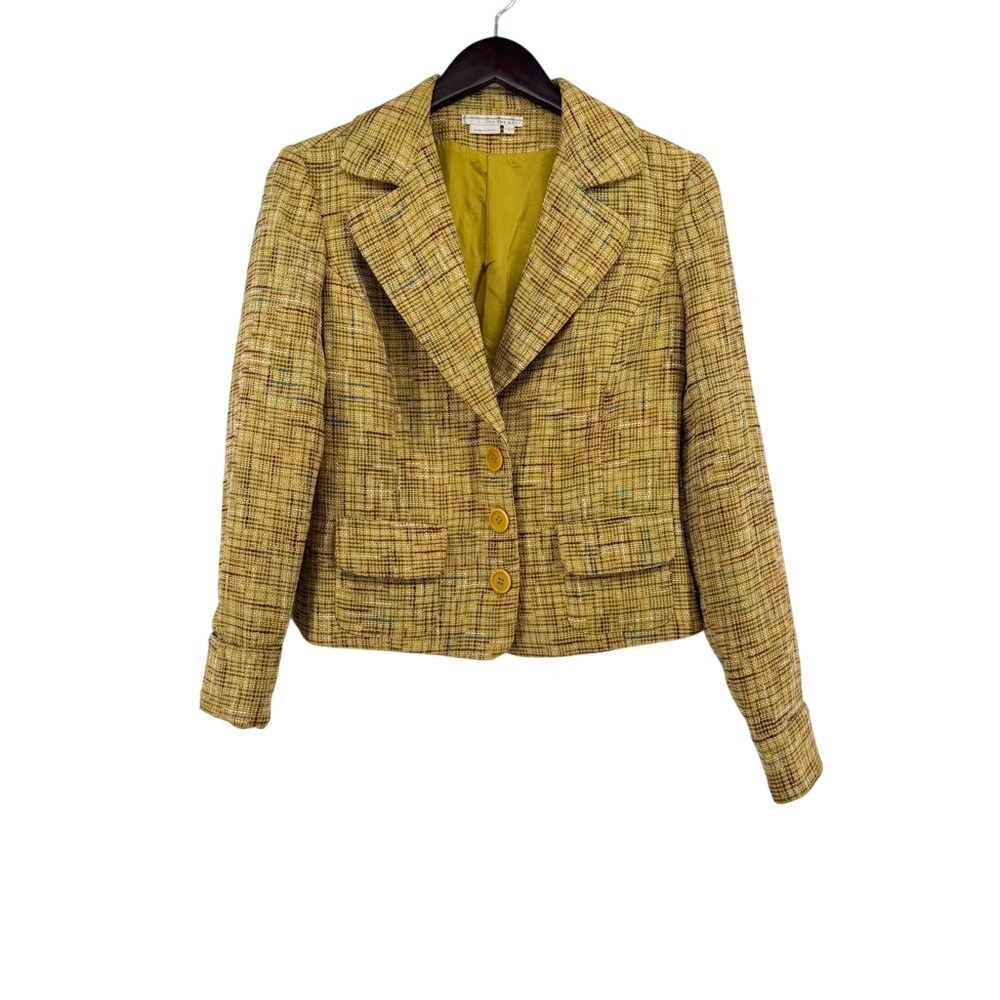 To The Max Mustard Yellow Tweed Blazer Jacket Womens Large Professional Plaid‎ L